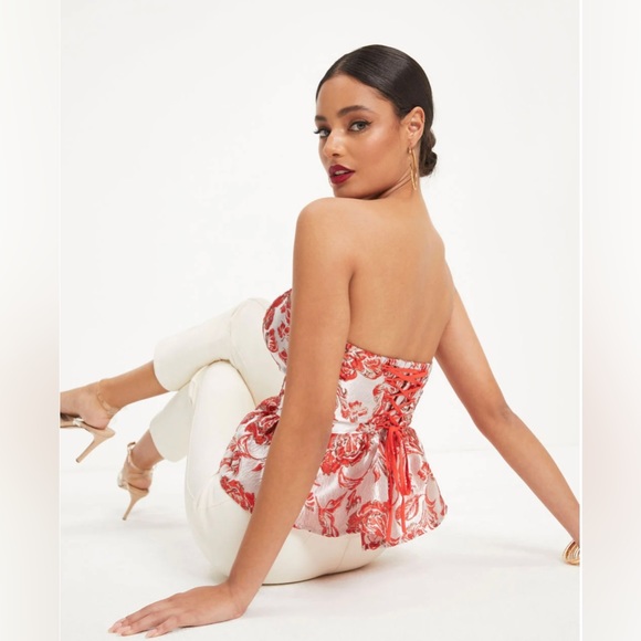 NWOT DREAMING OF VERSAILLES JACQUARD STRAPLESS PEPLUM TOP - ORANGE - Picture 2 of 8
